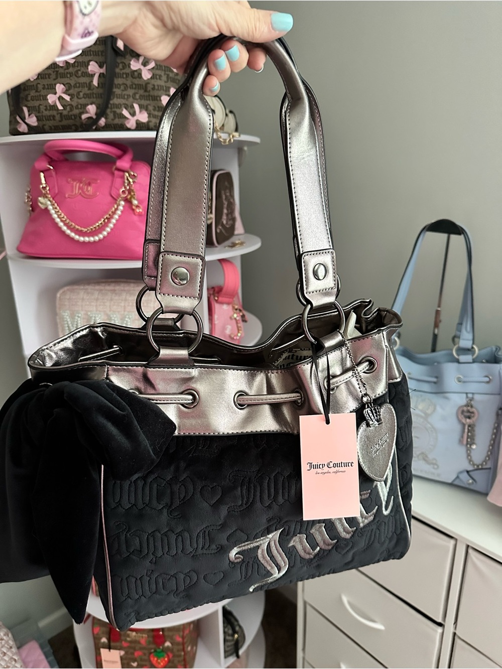 New~ Juicy Couture Black Vintage Dreams Tote Daydreamer Metallic Tote Bag